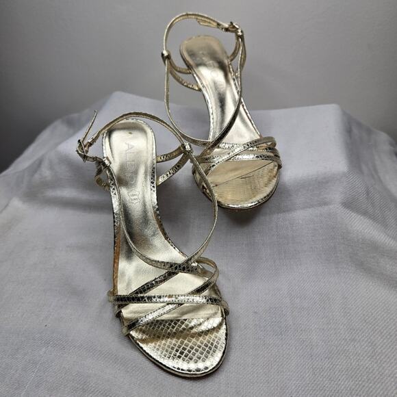 ALDO Gold Strappy High 4in Heels Size 38 / 7½ - Picture 3 of 10